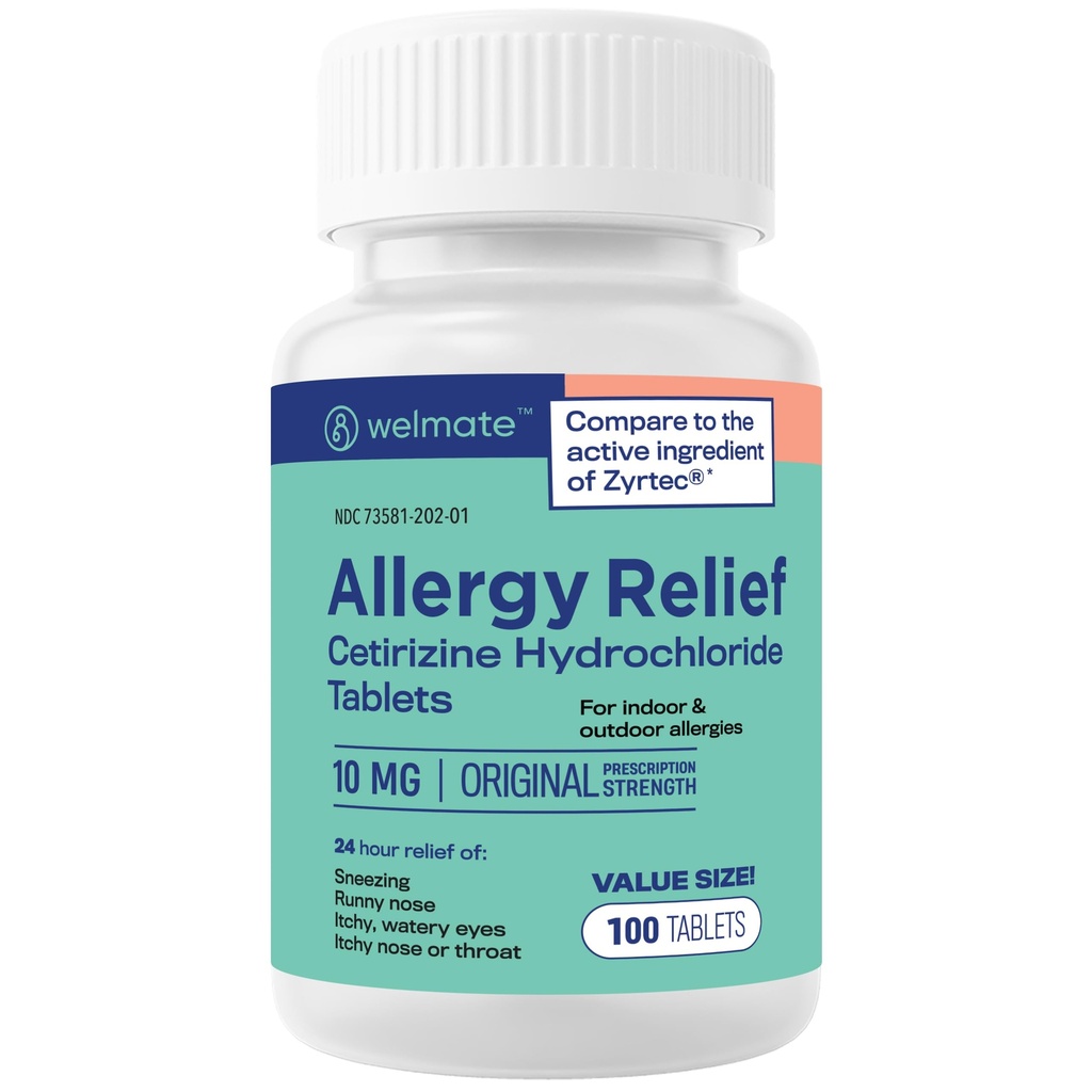 WELMATE - Αλλεργία Ανακούφιση - Cetirizine HCl 10 mg - 24 ώρες Αντιισταμινικό - Μη υπνηλία - Φτάρνισμα - Ρύζι - Ίτσι Μάτια & Λαρύγγι - Δισκία Περιθάλψεως - 100 δισκία