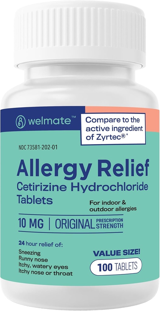 WELMATE - Αλλεργία Ανακούφιση - Cetirizine HCl 10 mg - 24 ώρες Αντιισταμινικό - Μη υπνηλία - Φτάρνισμα - Ρύζι - Ίτσι Μάτια & Λαρύγγι - Δισκία Περιθάλψεως - 100 δισκία
