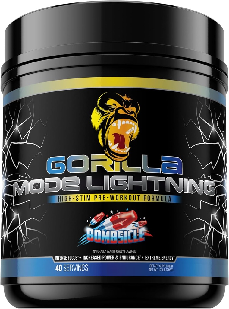 Gorilla Mode Lightning Pre-Workout - Extreme Energy · Laser Focus · Powerful Pumps · Peak Performance - 550mg Caffeine, 13500mg L-Tyrosine, Alpha-GPC– 792g (Bombsicle)