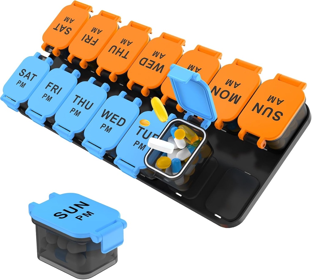 Μεγάλο 7 Day Pill Organizer, XL AM PM Δύο φορές την ημέρα κουτί αποθήκευσης ιατρικής, Big 2 Week Hill Holder για χάπια, βιταμίνες & συμπληρώματα, Travel Pill περίπτωση για φαρμακευτική αγωγή (μπλε + πορτοκαλί)