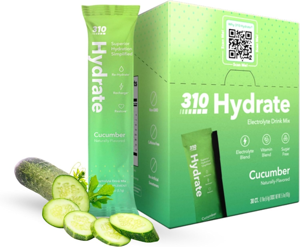 310 Nutrition Sugar Free Electrolytes Powder - Instant Hydration Packets για την καθημερινή ισορροπία υγρών - Caffeine-free Rehydration Drink Mix w/ Βιταμίνες, Χαμηλή θερμίδα & Κετό Φιλικό - Αγγούρι 30 Singles