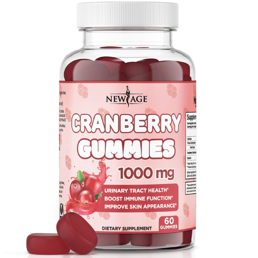 NEW AGE Cranberry Gummies urinary Tract Health Gummies 1000mg - Υποστηρίζει Φλεγμονή, Νεφροί, UTI - χορτοφάγοι (Cranberry 60 Gummies)