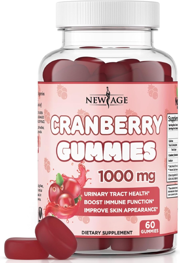 NEW AGE Cranberry Gummies urinary Tract Health Gummies 1000mg - Υποστηρίζει Φλεγμονή, Νεφροί, UTI - χορτοφάγοι (Cranberry 60 Gummies)