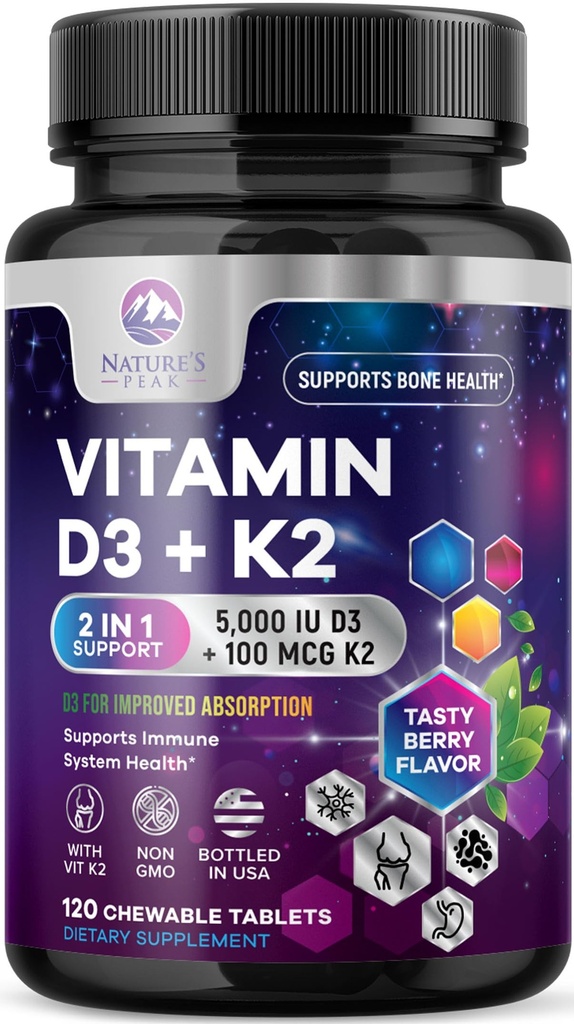 Βιταμίνη D3 K2 - 5000 eu Βιταμίνη D3 & 100 mcg Βιταμίνη K2 (MK-7) Σύμπλεγμα για την Ανοσολογική Υποστήριξη - Οστά, Δόντια & Μυική Υγεία Υποστήριξη - Berry Chewable, Χωρίς Γλουτένη, Μη ΓΤΟ, Εμφιαλωμένο στις ΗΠΑ - 120 δισκία