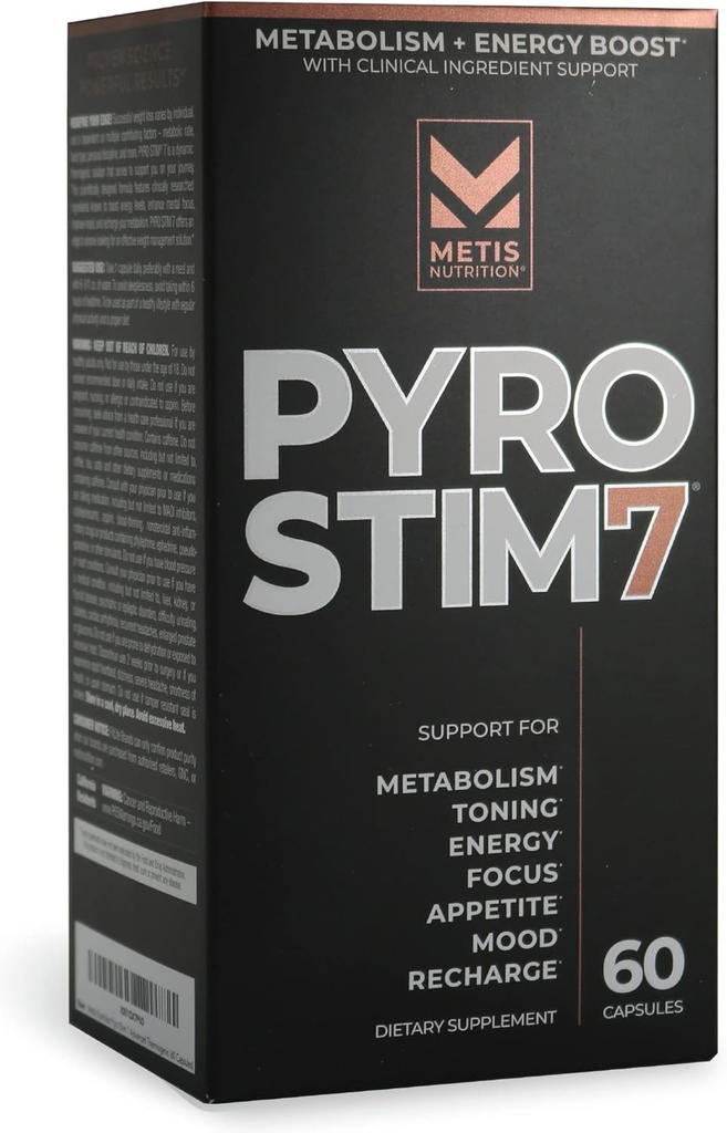 Pyro Stim 7 Metabolism Booster Fat Loss Support Energy Boost - Once-A-Day Thermogenic with Teacrine for Focus, Appetite Control, Muscle Toning, and Mood Control (60 Capsules)