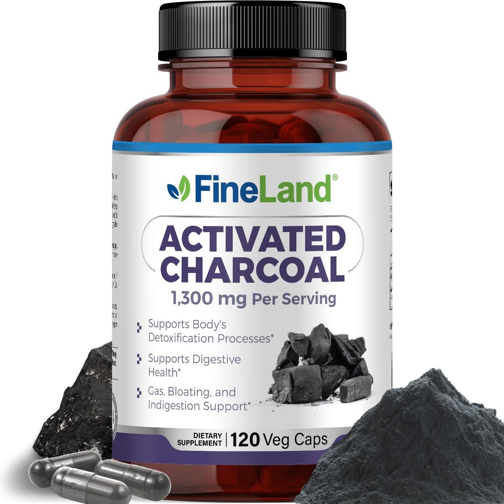 FineLand ενεργοποιημένη άνθρακα 1300mg - Advanced Digestive Detox Cleanse, Βοηθά με αέριο και Μπλόφα, Κυκλοφορία & Χοληστερική Υποστήριξη - Made in USA, 120 Vegan Pills