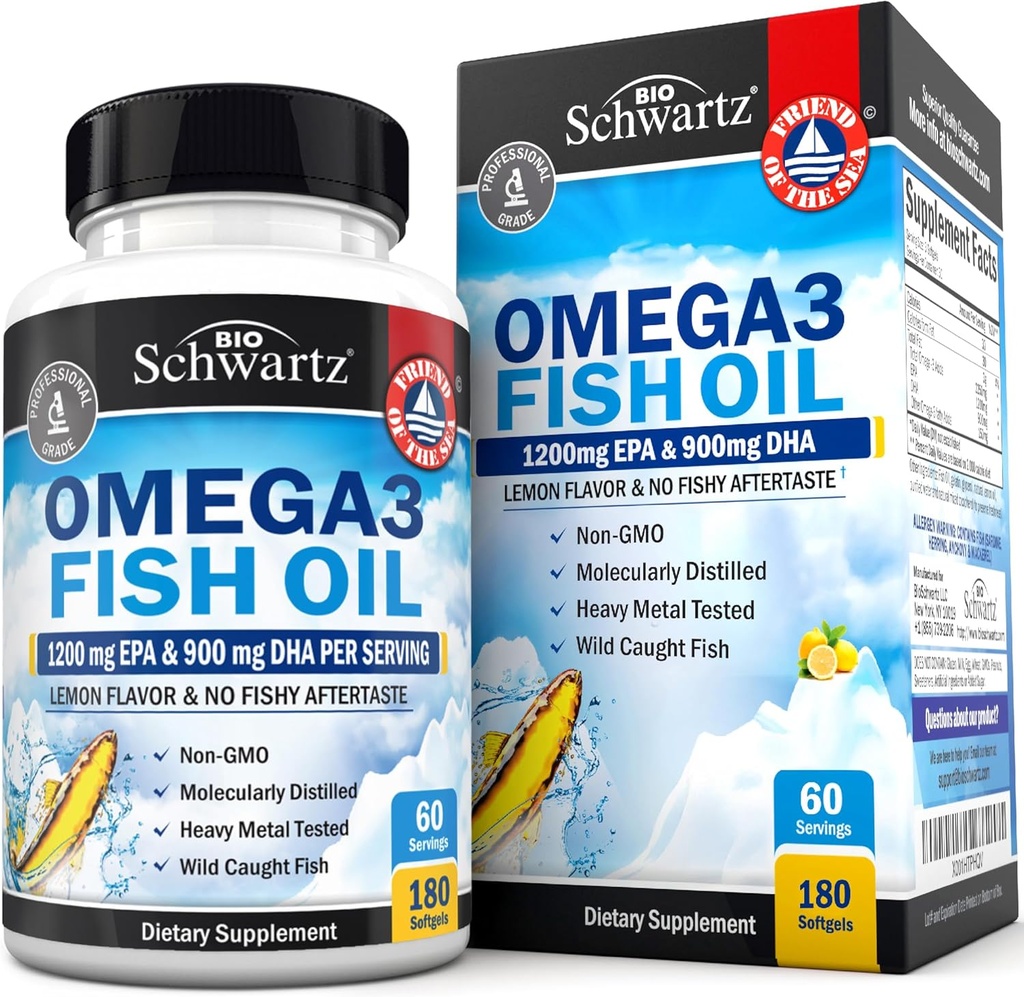 Triple Strength Omega 3 Fish Oil Supplement - 2250mg EPA DHA 3 Λιπαρά Οξέα από Φρέσκα Άγρια Παγωμένα Ψάρια, Furpless Lemon Flavor Formula Υποστηρίζει την υγεία των ματιών και πολλά άλλα, Χωρίς γλουτένη, 180 Softgels