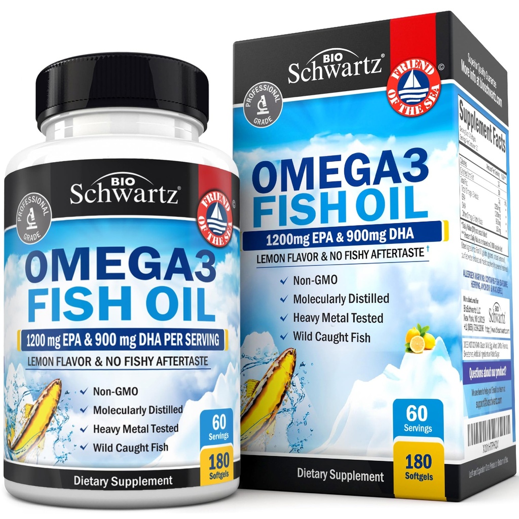 Triple Strength Omega 3 Fish Oil Supplement - 2250mg EPA DHA 3 Λιπαρά Οξέα από Φρέσκα Άγρια Παγωμένα Ψάρια, Furpless Lemon Flavor Formula Υποστηρίζει την υγεία των ματιών και πολλά άλλα, Χωρίς γλουτένη, 180 Softgels
