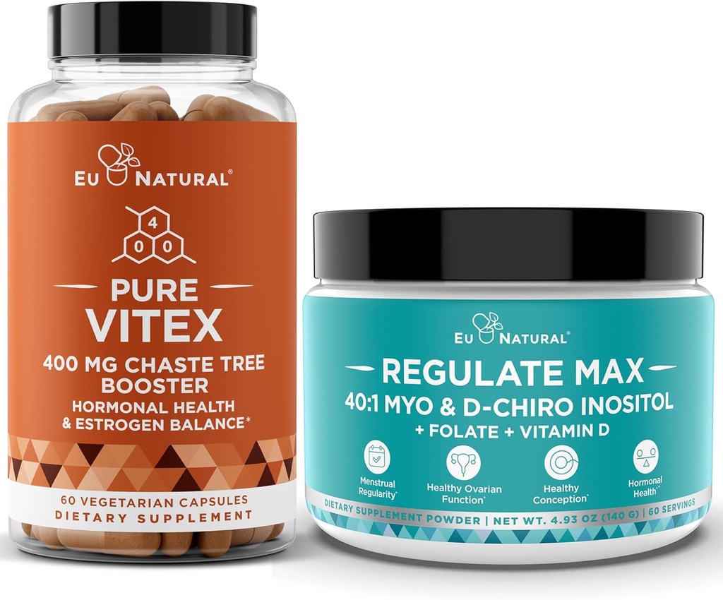 Vitex Chasteberry Capsules & Regulate Max Myo-Inositol D-Chiro Inositol Powder - Natural PMS & Fertility Support, Balance Hormones, Regulate Cycle - 60 Vegan Soft Capules + 60 Servings Inositol Powder