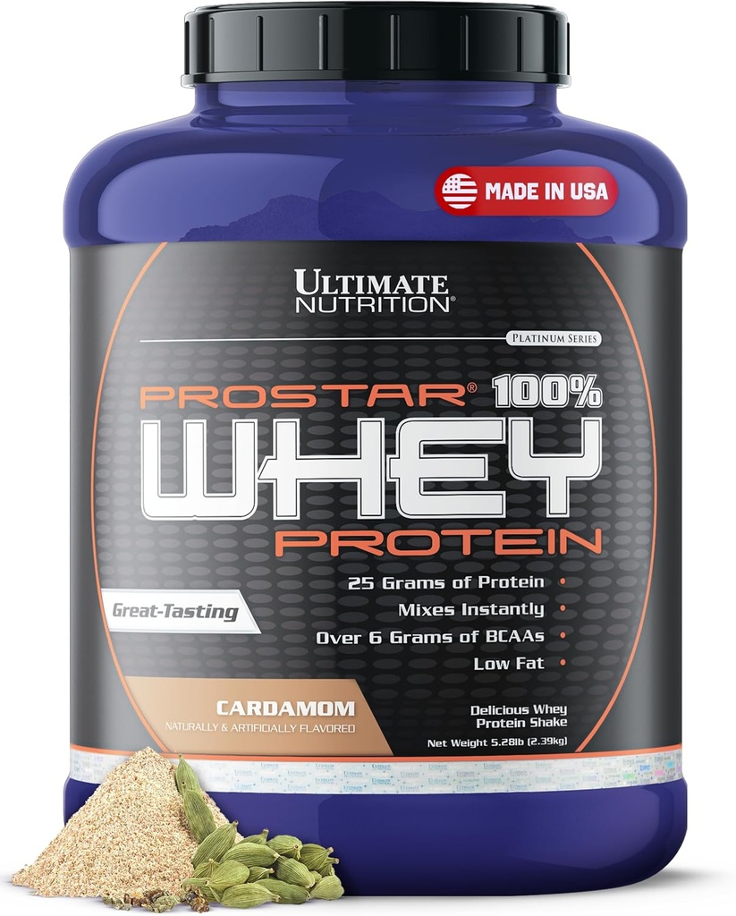 Ultimate Nutrition Prostar Whey Protein Powder Isolate, Cardamon - Χαμηλό υδατάνθρακες, υψηλής πρωτεΐνης σκόνης Shake για μυϊκή αύξηση & ανάκτηση - Χαμηλό νάτριο, χαμηλής περιεκτικότητας σε λιπαρά & Keto Φιλικό - 5.28 lbs Tub