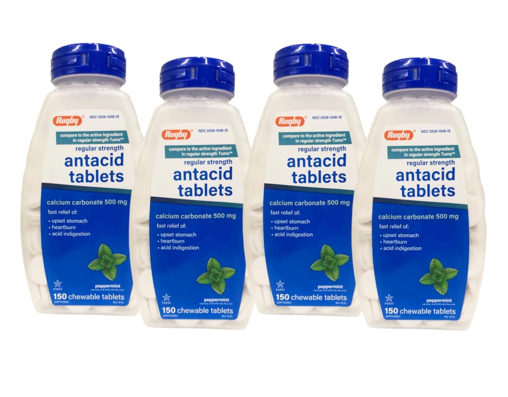Rugby Calcium Carbonate 500mg Antacid Tablets Peppermint, Regular Strengh, 150 Chewable Tablets - 4 Pack