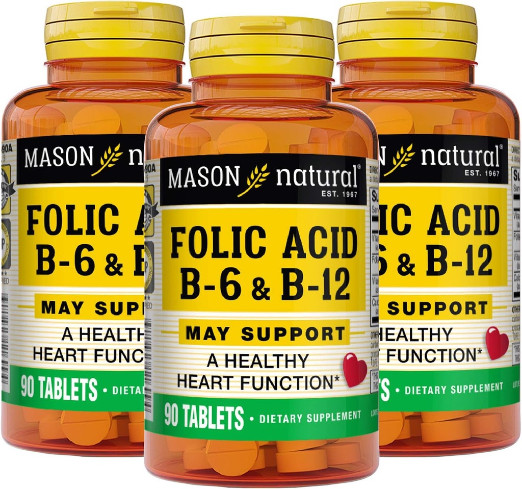 MASON NATURAL Heart Formula B6/ B12/Folic Acid δισκία, συμπλήρωμα διατροφής υποστηρίζει καρδιοαγγειακή υγεία, σχηματισμός ερυθρών αιμοσφαιρίων, μεταβολική λειτουργία, 90 κόμης (πακέτο των 3)