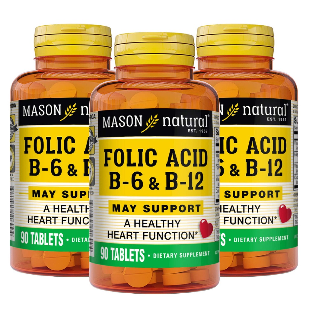MASON NATURAL Heart Formula B6/B12/Folic Acid Tablets, Dietary Supplement Supports Cardiovascular Health, Red Blood Cell Formation, Metabolic Function, 90 Count (Pack of 3)