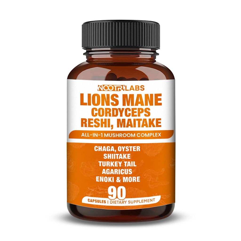Mushroom Complex 12000mg Κάψουλες - Lions Mane, Cordyceps, Reshi, Maitake - Nootropics Εγκέφαλος, Ενισχύει τη μνήμη, την ενέργεια, Γνωστική λειτουργία & Βελτιώνει την εστίαση, ανοσοποιητικό σύστημα, Αντιοξειδωτικό - 90 Vegan Κάψουλες