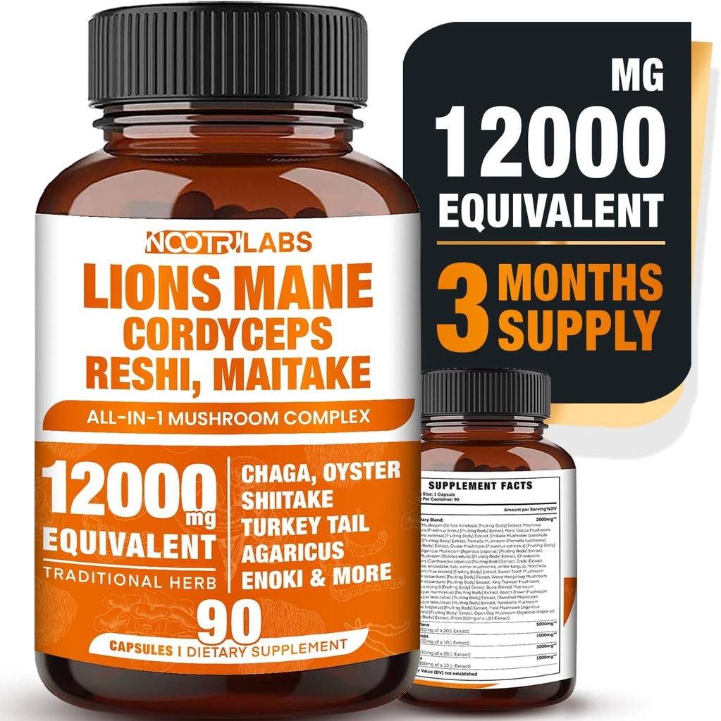 Mushroom Complex 12000mg Κάψουλες - Lions Mane, Cordyceps, Reshi, Maitake - Nootropics Εγκέφαλος, Ενισχύει τη μνήμη, την ενέργεια, Γνωστική λειτουργία & Βελτιώνει την εστίαση, ανοσοποιητικό σύστημα, Αντιοξειδωτικό - 90 Vegan Κάψουλες