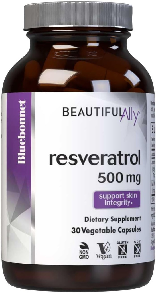 Bluebonnet Διατροφή Όμορφη Ally Resveratrol 500mg, Προστατέψτε Ακεραιότητα του δέρματος*, Μη ΓΤΟ, Vegan, Χωρίς γλουτένη, Χωρίς σόγια, Γαλακτοκομικά, 30 κάψουλες λαχανικών, 30 εξυπηρετούν