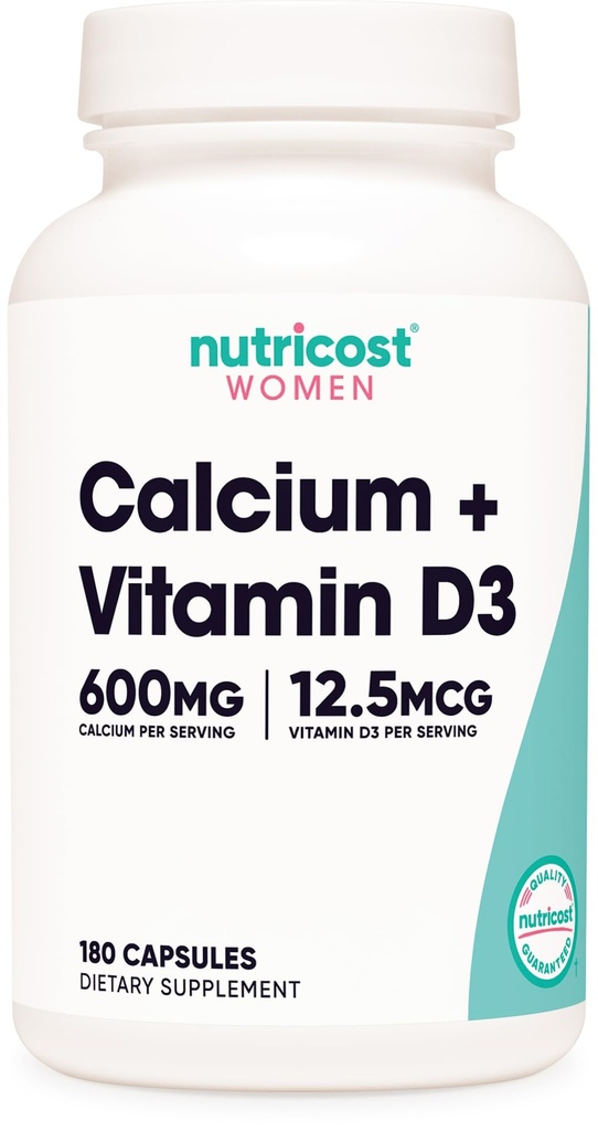Nutricost Ασβέστιο (600mg) + Βιταμίνη D3 (12,5mcg) για γυναίκες, 180 κάψουλες - Vegan, μη ΓΤΟ, Χωρίς γλουτένη - 60 Σερβιέτες
