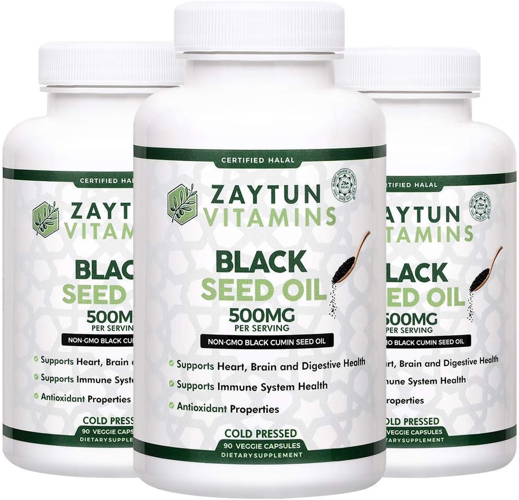 Halal Black Seed Oil (3-Pack) Ψυχρό-Pressed Nigella Sativa, Υποστηρίζει την καρδιά, τον εγκέφαλο, αρθρώσεις, Ανοσοποιητική υγεία, μη-GMO, Made in USA - Halal Vitamins