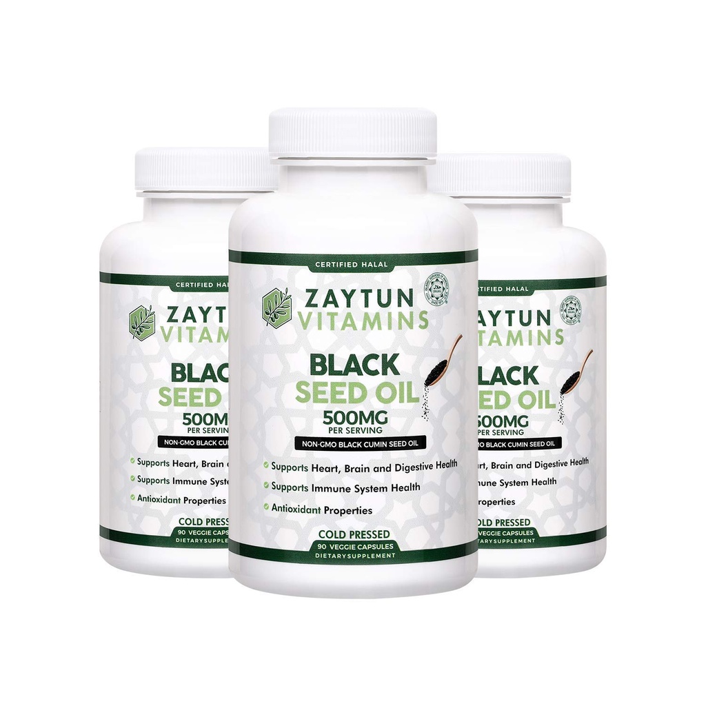 Zaytun Vitamins Halal Black Seed Oil (3-Pack) Cold-Pressed Nigella Sativa, Supports Heart, Brain, Immune Health, Non-GMO, Made in USA - Halal Vitamins
