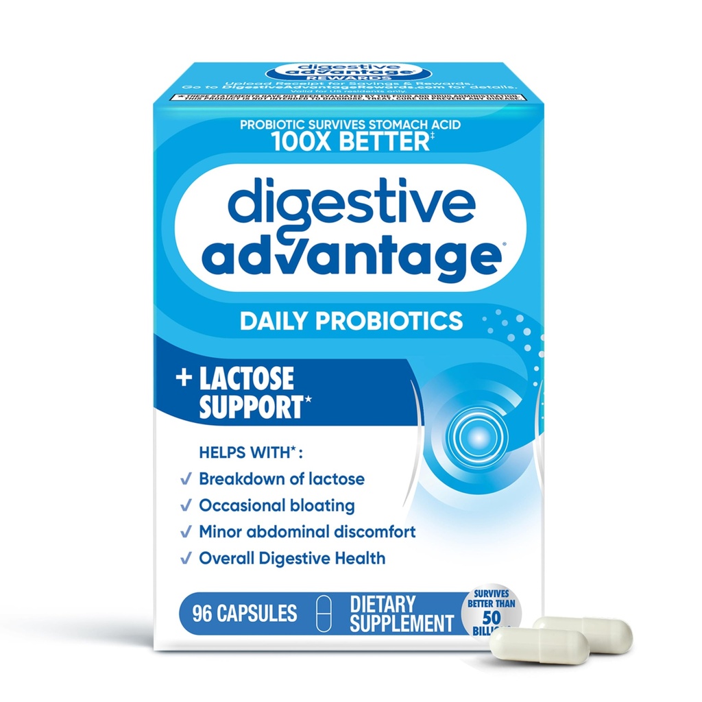 Digestive Advantage Κάψουλες Άμυνας Λακτόζης (96 Count In A Box), Βοηθά να σπάσει τη Λακτόζη και να υπερασπιστεί ενάντια σε Digestive Upset, υποστηρίζει Digestive και ανοσοποιητική υγεία, CFUs