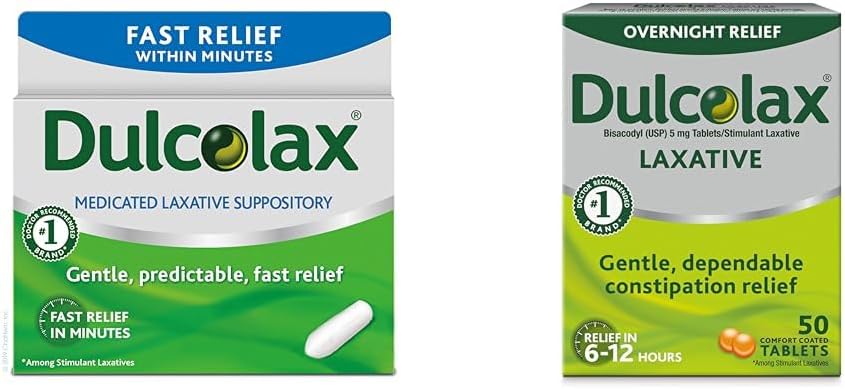 Dulcolax Fast Relief Medicated Laxative Suppositories Fast Relief, Rectal Use Only, Bisacodyl, 10 mg & Overnight Relief Laxative for Gentle Constipation Relief, Bisacodyl 5 mg Tablets, 50 Count