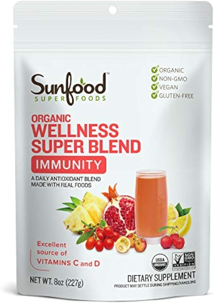Sunfood Superfoods Organic Super Wellness Blend - Ανοσοποιητική υποστήριξη σκόνη, αντιοξειδωτικό Superfood Smoothie Mix για γυναίκες και άνδρες w/Vitamin C & D, Φυσική ενέργεια, USDA Organic - 8 oz Bag