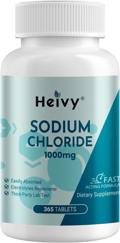 Heivy Sodium Chloride Tablets 1000mg - Pure Salt Tablets, 365 Tablets, Sodium Chloride, Non-GMO - Electrolyte Balance and Hydration Support, Electrolytes Replenisher Hydration Drink