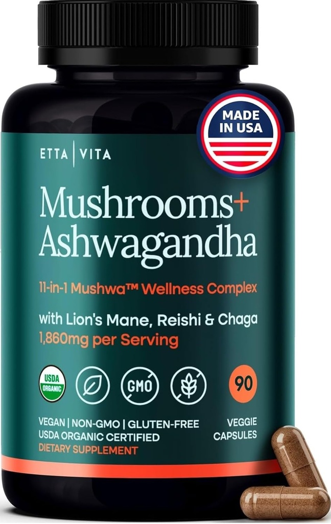 USDA Organic Lions Mane Supplement Capsules with Ashwagandha, Chaga, Reishi, Cordyceps, Turkey Tail (18.600mg/serv) 10x Adaptogenic Mushroom Complex as Focus Supplement - Ενέργεια, Ανοσία & Nootropic