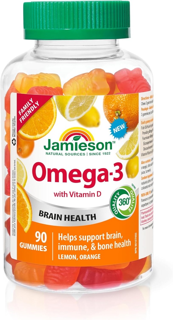 Jamieson Omega-3 Gummies, Family Friendly, Ποικιλόμορφη γεύση φρούτων, 90 κόμης