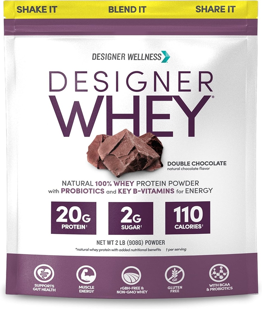 Σχεδιαστής Wellness, Designer Whey, Φυσική σκόνη πρωτεΐνης Whey με προβιοτικά, ίνες και βασικό B-βιταμίνες για την ενέργεια, γλουτένη-ελεύθερος & Kosher, διπλή σοκολάτα, 2 lb