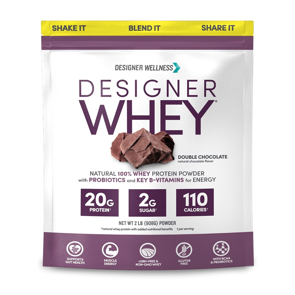 Designer Wellness, Designer Whey, Natural Whey Protein Powder with Probiotics, Fiber, and Key B-Vitamins for Energy, Gluten-Free & Kosher, Double Chocolate, 2 lb