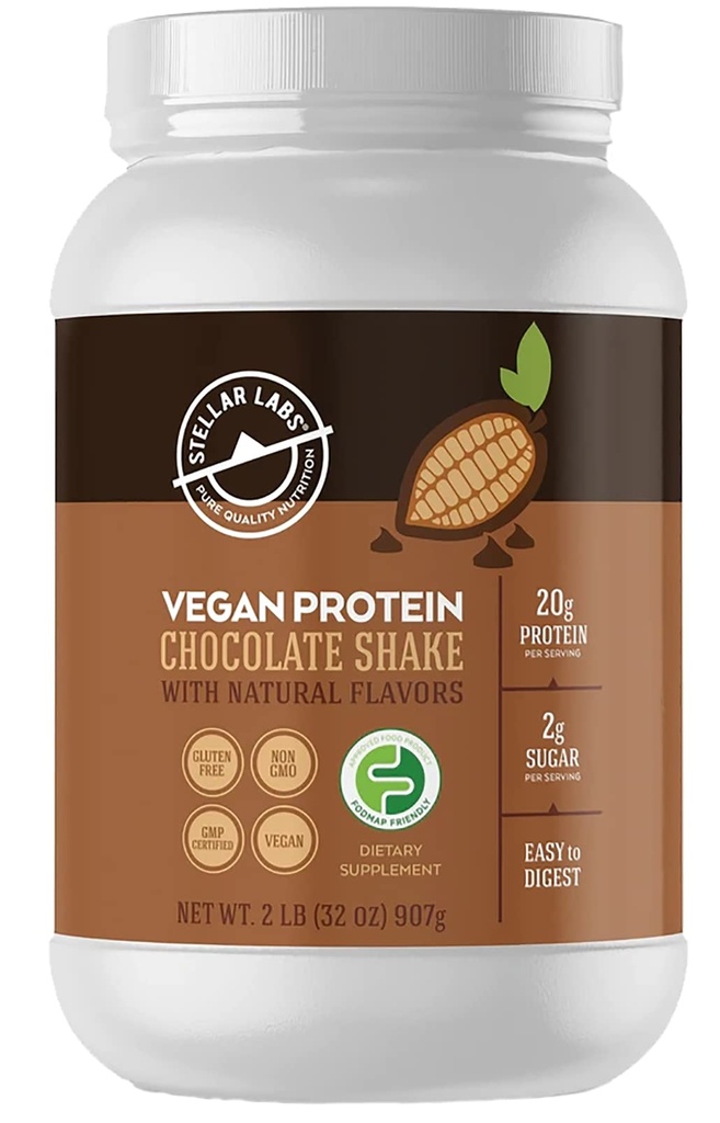 Stellar Labs Vegan Protein Powder with BCAA's & Antioxidants | Certified Low FODMAP, Non GMO, Gluten Free, Soy Free, Low Carb, with Stevia | Lean Plant Based Protein Powder Shakes | Chocolate