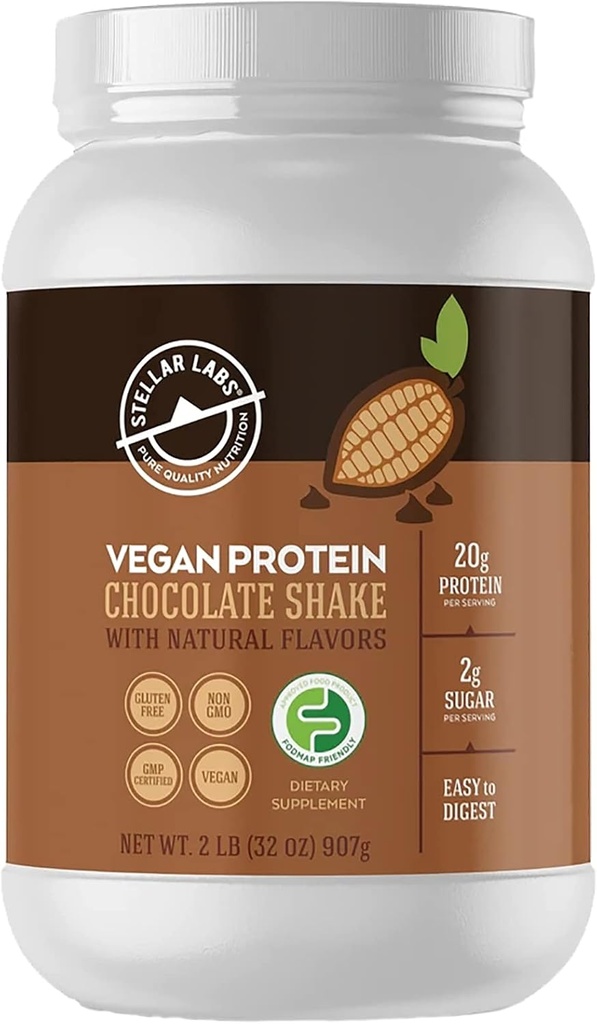 Stellar Labs Vegan Protein Powder with BCAA's & Antioxidants | Certified Low FODMAP, Non GMO, Gluten Free, Soy Free, Low Carb, with Stevia | Lean Plant Based Protein Powder Shakes | Chocolate