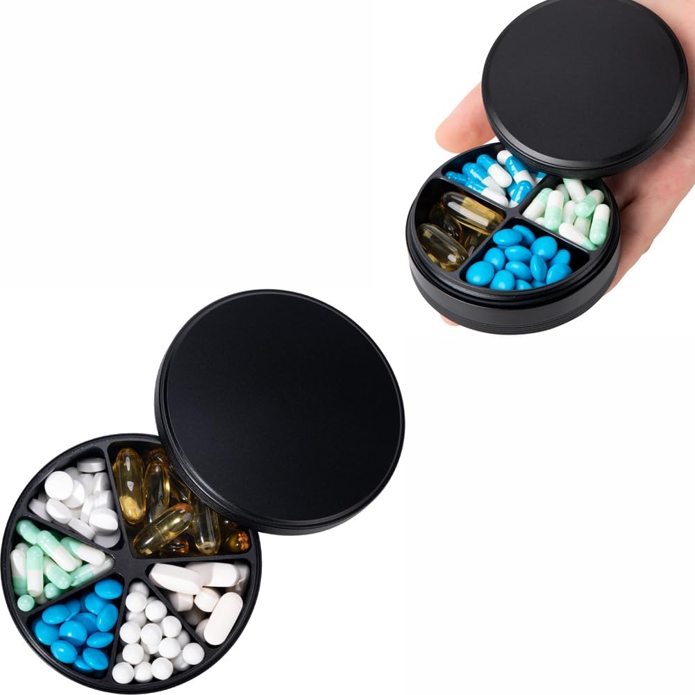 6 Compartment Pill Organizer & 4 Compartment Pill Box - Αδιάβροχο Μεταλλικό Χάπια Organizer, Αλουμινίου Κράμα Round Daily Medicine Container for Vitamin, Medicine, Συμπλήρωμα, Fish Oil