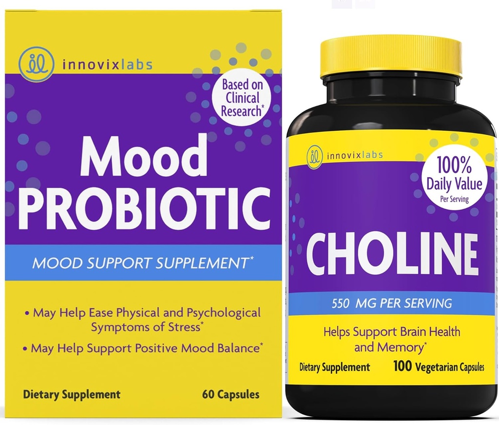 InnovixLabs Choline & Mood Probiotic Bundle Choline Bitartrate 550mg (100 κάψουλες) Mood Probiotic (60 κάψουλες). Υποστηρίζει τη μνήμη, Mood, Brain Health & Boost Γνωστική.*