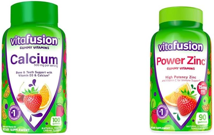 Vitafusion Calcium Gummy Βιταμίνες για την υποστήριξη των οστών, 100 Count & Power Zinc Gummy Βιταμίνες για την υποστήριξη του ανοσοποιητικού, 90 Count