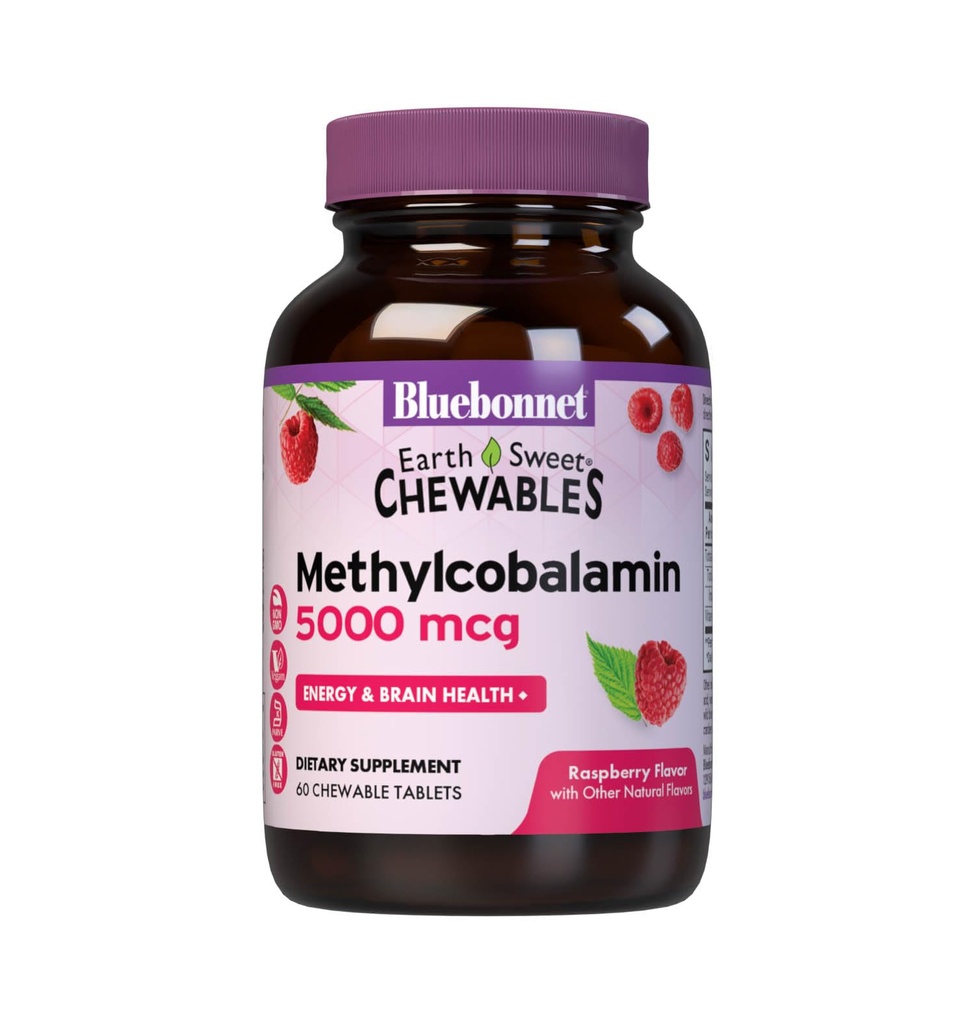 Διατροφή Bluebonnet EarthSweet Methylcobalamin 5.000 mcg Active Coenzyme Form of Vitamin B12 Υποστηρίζει την ενίσχυση της ενέργειας & Μεταβολισμός - Vegan, Gluten-free - Βατόμουρο Γεύση - 60 Μασώμενα δισκία