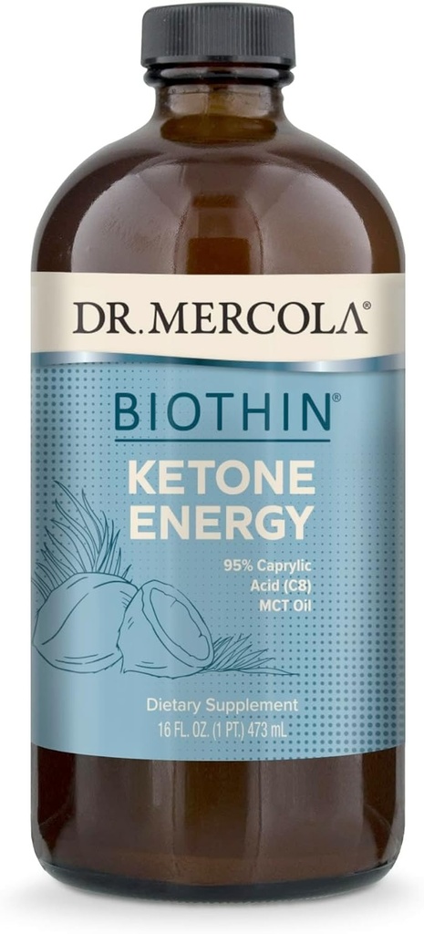 Δρ. Mercola Biothin Ketone Energy MCT Oil - Υποστηρίζει την παραγωγή ενέργειας & κετόνης - C8 & C10 Τριγλυκερίδια μέσης αλυσίδας - Μη ΓΤΟ, Χωρίς γλουτένη & χωρίς σόγια - 31 Υπηρεσίες (16 Fl Oz)