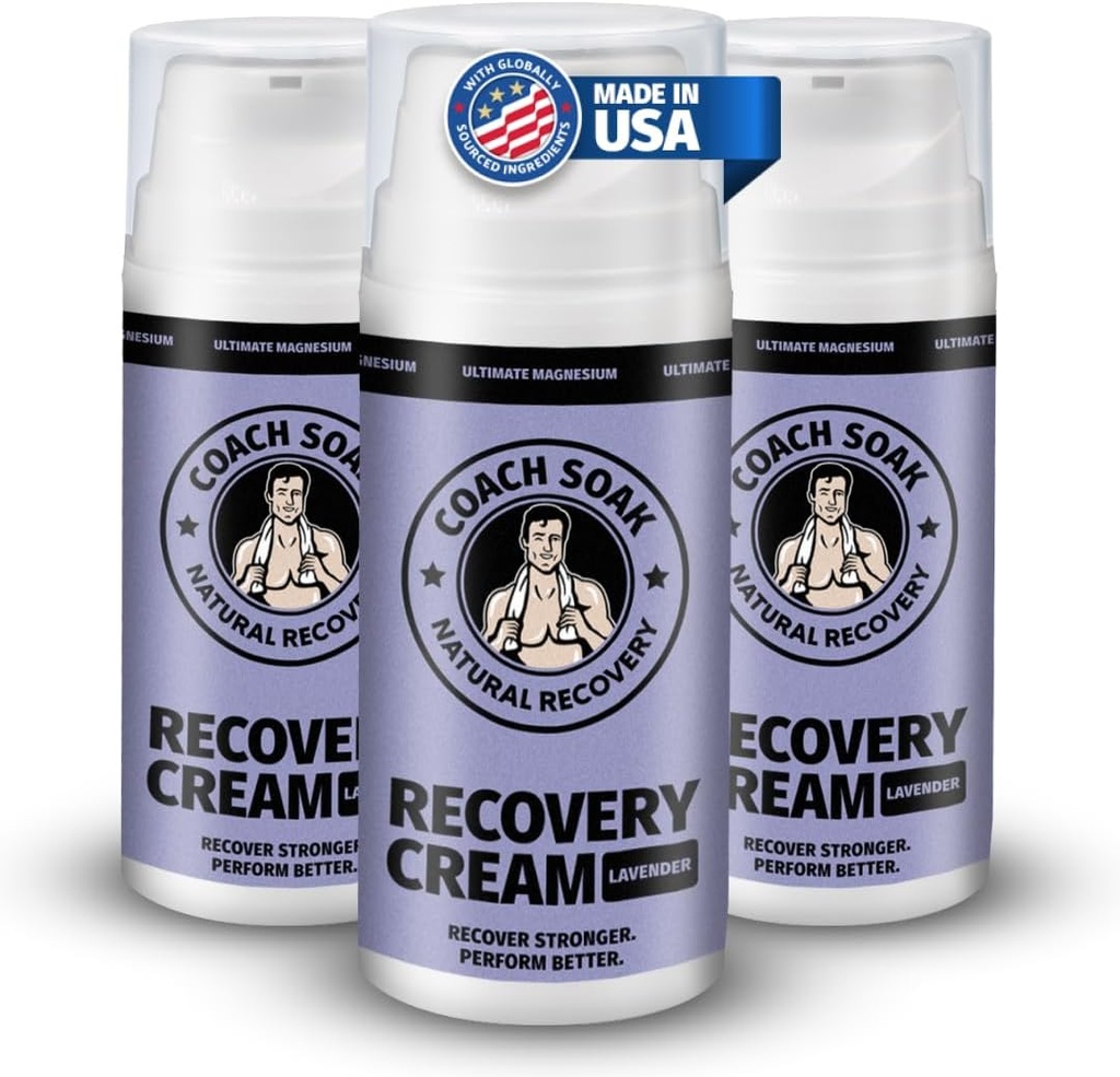 Coach Soak Topical Magnesium Lotion with MSM - Φυσική κρέμα αποκατάστασης με χλωριούχο μαγνήσιο, βιταμίνη C & Μέντχολ, ταχεία απορρόφηση & χαλάρωση για πονεμένους μυς, λεβάντα (3 Pack, Total 10oz)