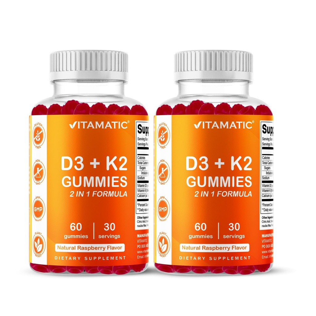 Vitamatic Vitamin D3 & K2 Gummies (2-Pack, 60 Count) Υποστηρίζει υγιή οστά, την υγεία της καρδιάς, την απορρόφηση ασβεστίου, και ανοσοποιητική λειτουργία Plant-based, μη-GMO, χωρίς γλουτένη