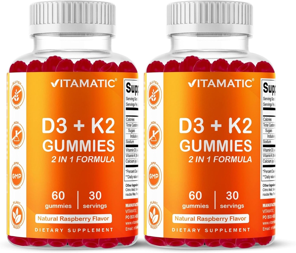 Vitamatic Vitamin D3 & K2 Gummies (2-Pack, 60 Count) Supports Healthy Bones, Heart Health, Calcium Absorption, and Immune Function Plant-Based, Non-GMO, Gluten-Free