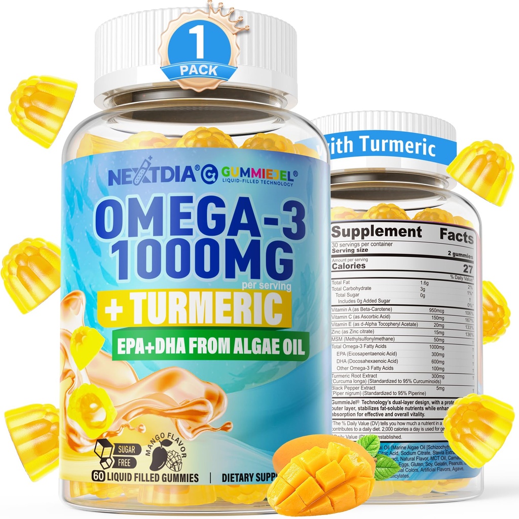 Vegan Omega-3 Gummies 1000mg + Turmeric - Omega 3 Fish Oil Εναλλακτική για ενήλικες - Algae DHA 600mg & EPA 300mg, Βιταμίνες A, C, E, Ψευδάργυρος & MSM, Χωρίς ζάχαρη, 60 Cts
