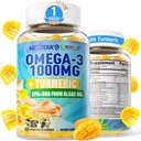 Vegan Omega-3 Gummies 1000mg + Turmeric - Omega 3 Fish Oil Εναλλακτική για ενήλικες - Algae DHA 600mg & EPA 300mg, Βιταμίνες A, C, E, Ψευδάργυρος & MSM, Χωρίς ζάχαρη, 60 Cts