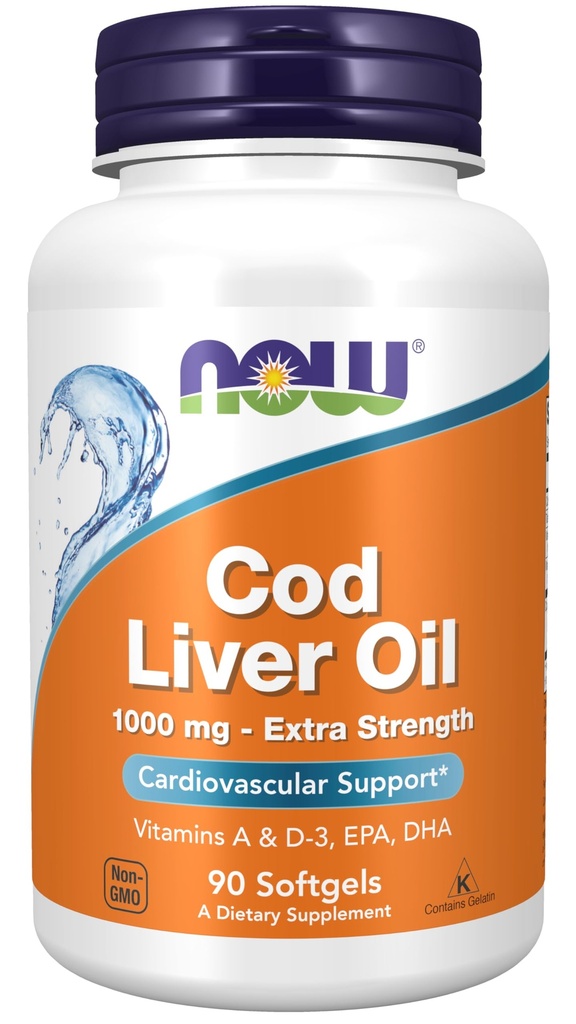 NOW Συμπληρώματα τροφίμων, Cod Liver Oil, Extra Strength 1,000 mg με Βιταμίνες A & D-3, EPA, DHA, 90 Softgels