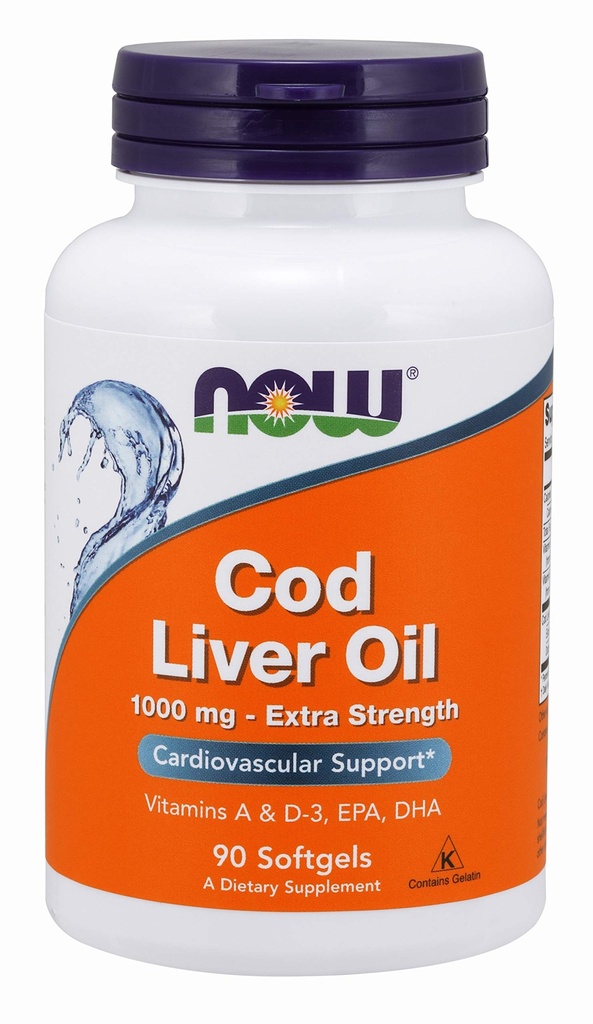 NOW Συμπληρώματα τροφίμων, Cod Liver Oil, Extra Strength 1,000 mg με Βιταμίνες A & D-3, EPA, DHA, 90 Softgels