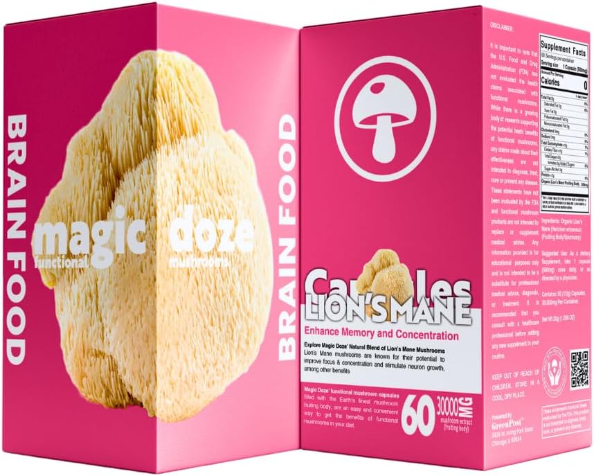 Μαγικές κάψουλες μανιταριών DozeTM Lion’s Mane Mushroom – 100% Καρπωτικό Σώμα για Εστίαση, Μνήμη & Εγκεφαλική Υγεία – 500mg ανά Καψάκιο, 60 κάψουλες Vegan