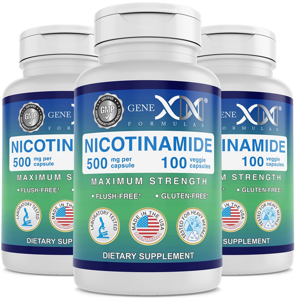Genex Formulas Νικοτιναμίδιο 500mg (3-πακέτο) Βιταμίνη Β3 Flush Free Niacin Κάψουλες για το υγιές δέρμα - Niacinamide συμπλήρωμα χάπια βοήθεια Παραγωγή Κερατίνης & Υποστήριξη του δέρματος Κυτταρική Υγεία & Ενέργεια (300 κάψουλες)