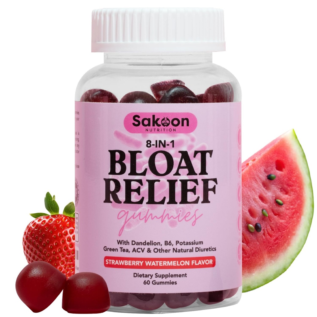 Διατροφή Sakoon Bloating Relief Gummies για τις γυναίκες - Πράσινο Τσάι, ACV, Dandelion, φύλλο Buchu, Φυσική υποστήριξη πέψης, 60 Gummies, άρωμα καρπουζιού