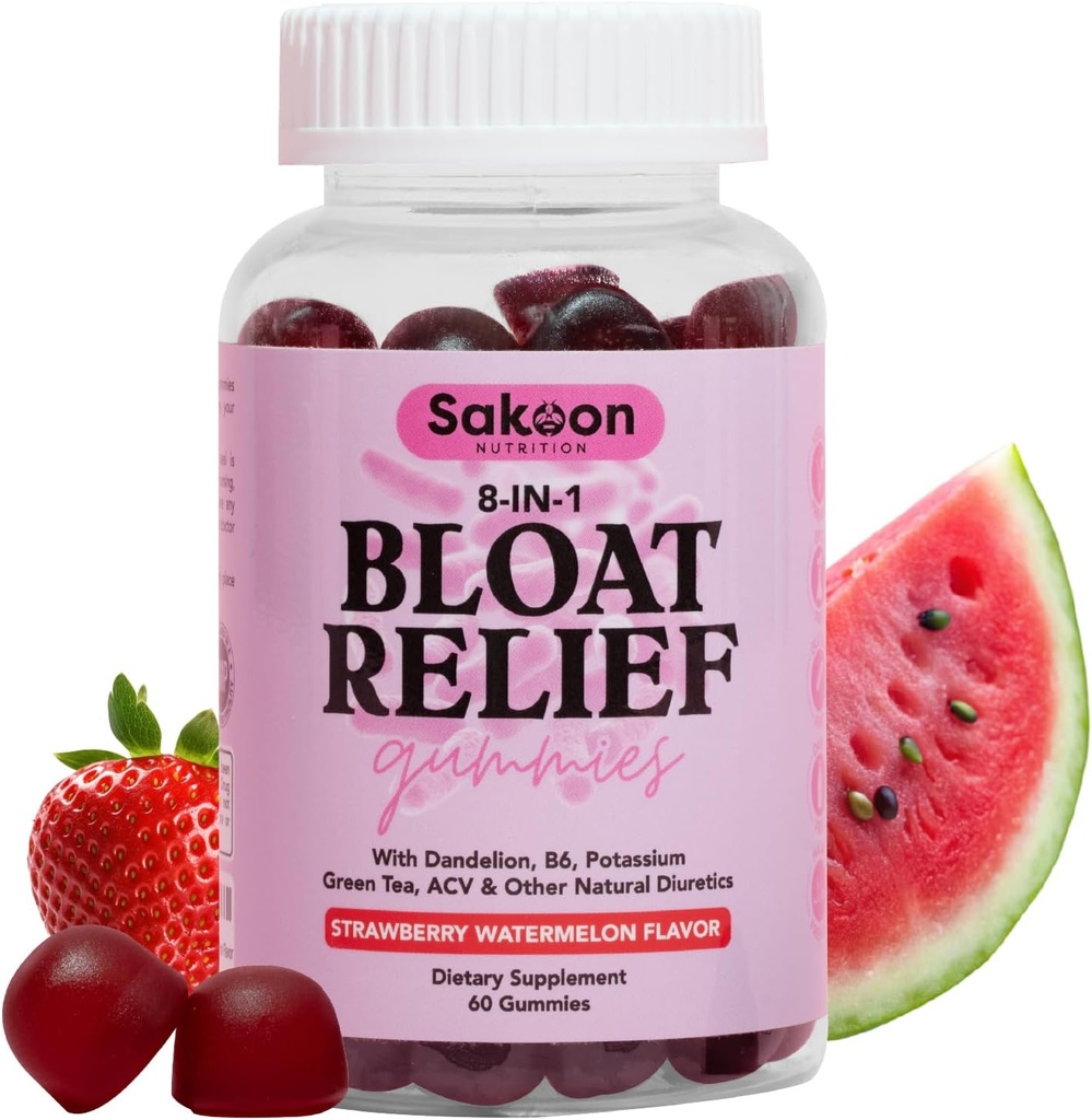 Διατροφή Sakoon Bloating Relief Gummies για τις γυναίκες - Πράσινο Τσάι, ACV, Dandelion, φύλλο Buchu, Φυσική υποστήριξη πέψης, 60 Gummies, άρωμα καρπουζιού