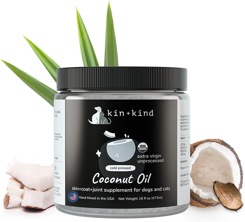 Organic Coconut Oil Pet Supplement for Dogs & Cats - Natural Skin and Coat Support with Cold Pressed Extra Virgin Coconut Oil - Ichy Skin & Dry Cracked Noses - Made in USA - 16 fl oz (Large)